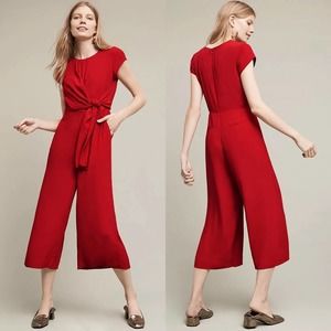 Anthropologie Maeve Red Twist Tie Front Midi Jumpsuit Womens Size 14